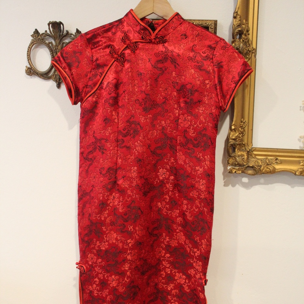 Vintage Red Blossom Cheongsam Short Dress